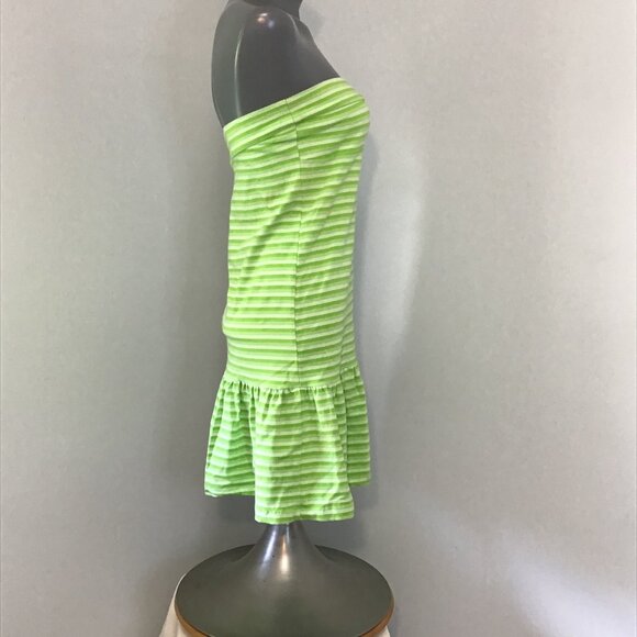 Split Strapless Striped Mini Dress With Ruffled Hem Size L - Picture 3 of 11